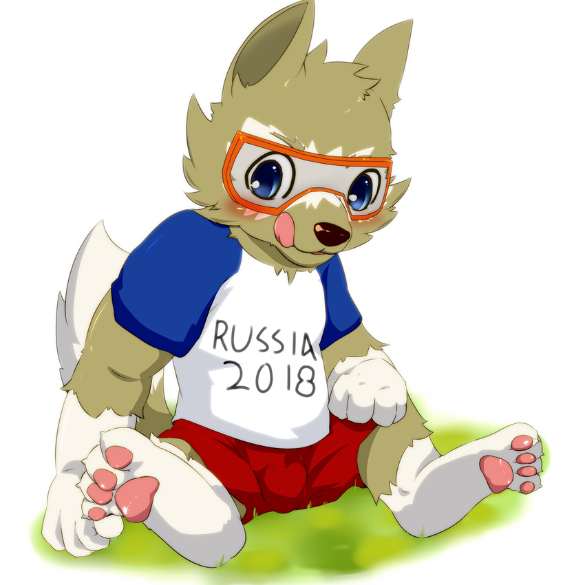 barefoot blush bulge canine clothed clothing cub eyewear front_view fully_clothed goggles licking licking_lips male mammal okunawa pawpads shirt shorts sitting solo spread_legs spreading t-shirt tongue tongue_out wolf young zabivaka