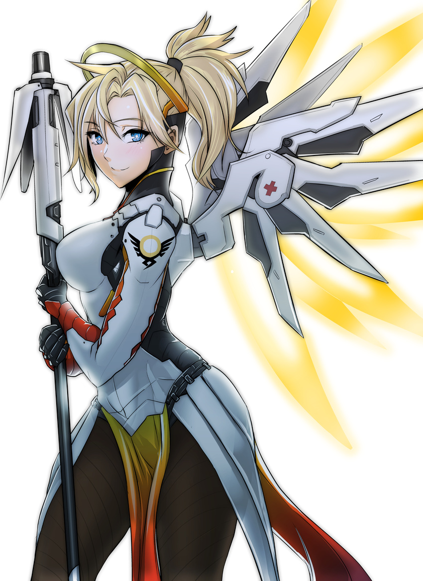 armor black_gloves blonde_hair blue_eyes blush bodysuit breastplate breasts brown_legwear clash_kuro_neko closed_mouth cowboy_shot eyebrows eyebrows_visible_through_hair eyelashes faulds from_side gloves glowing glowing_wings hair_ornament hair_tie hands_up headgear high_collar highres holding holding_staff large_breasts legs_apart loincloth long_hair long_sleeves looking_at_viewer mechanical_halo mechanical_wings mercy_(overwatch) overwatch pantyhose pelvic_curtain ponytail simple_background skin_tight smile solo spread_wings staff turtleneck weapon white_background wing_print wings yellow_wings