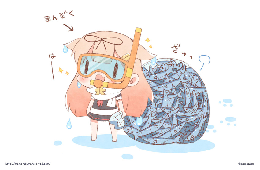 :d bow chibi commentary_request diving_mask diving_mask_on_eyes fish fishnets hair_bow hair_ornament hair_ribbon hairclip kantai_collection long_hair looking_at_viewer momoniku_(taretare-13) open_mouth orange_hair pleated_skirt remodel_(kantai_collection) ribbon saury school_uniform serafuku skirt smile snorkel snorkel_in_mouth solo sparkle translated wet wet_clothes yuudachi_(kantai_collection)