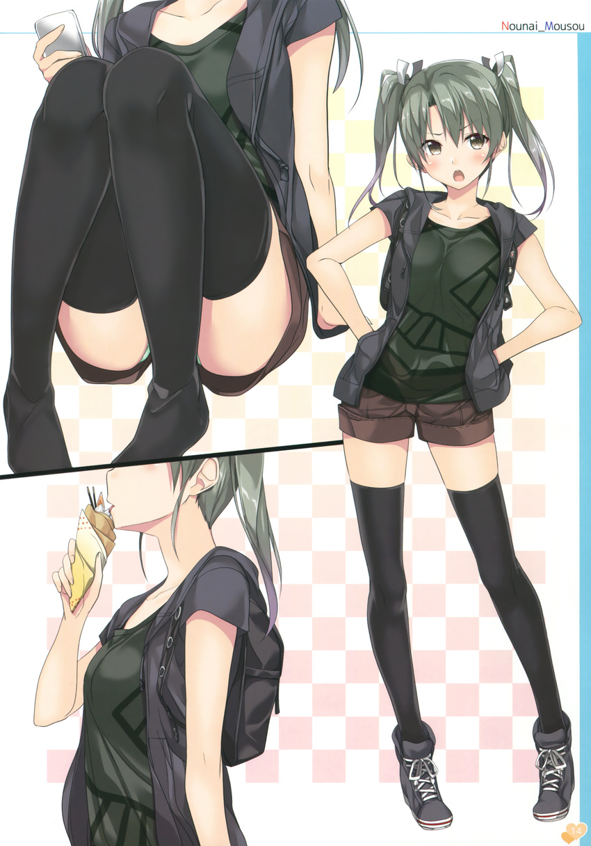 absurdres alternate_costume backpack bag black_legwear breasts brown_eyes casual cellphone collarbone contrapposto convenient_leg crepe eating food from_side gintarou_(kurousagi108) green_hair green_panties hair_ribbon hands_in_pockets head_out_of_frame highres kantai_collection medium_breasts multiple_views no_shoes open_mouth panties pantyshot pantyshot_(sitting) phone pigeon-toed ribbon scan shoes short_shorts shorts sitting smartphone sneakers thighhighs twintails underwear upshorts zuikaku_(kantai_collection)