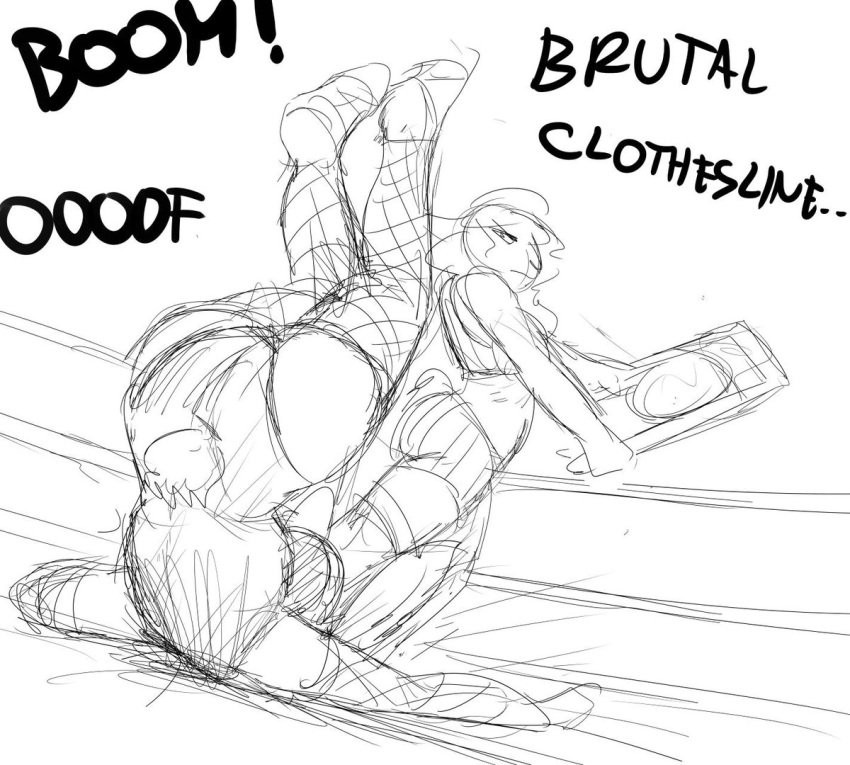 anthro big_breasts black_and_white boss_lamb_(hladilnik) bovid breasts caprine cleavage clothed clothing dialogue english_text female fight hladilnik imminent_pain lagomorph mammal metal_chair monochrome pro_bun_(hladilnik) rabbit text wrestling wrestling_match