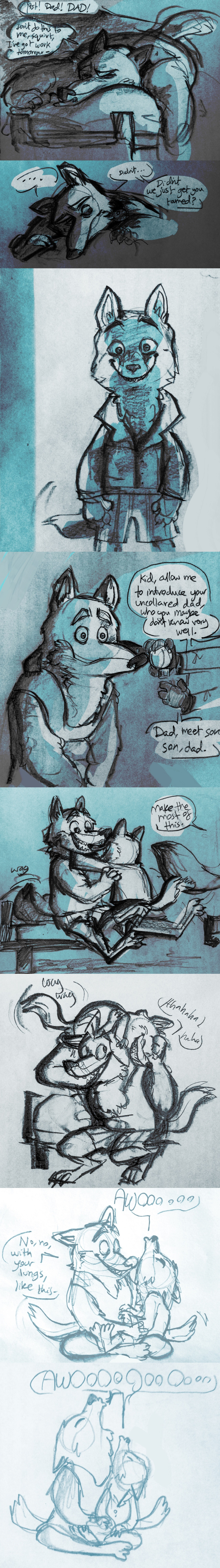 2016 absurd_res anthro bed canine collar comic dialogue disney father fox hi_res howl male mammal nick_wilde nicolaswildes_(artist) parent pillow playful playing size_difference sleeping smile son speech_bubble superabsurd_res text wolf young zistopia zootopia