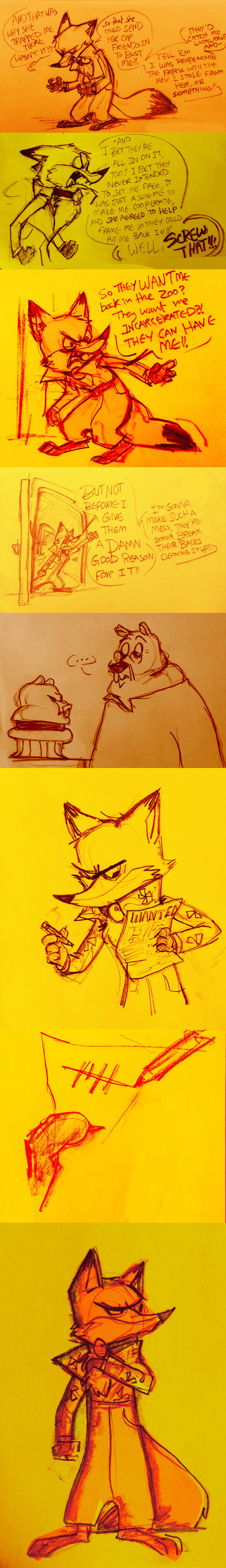 2016 absurd_res angry anthro bear canine clothing collar comic dialogue disney door duo eyewear fox glasses hi_res interior male mammal nick_wilde nicolaswildes_(artist) pencil_(disambiguation) sculpture speech_bubble statue superabsurd_res tally_marks text wanted_poster yelling zistopia zootopia