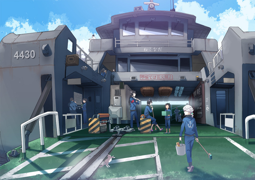 6+girls admiral_(kantai_collection) alternate_costume anchor_symbol box broom bucket building cat cloud commentary_request day faceless fubuki_(kantai_collection) i-401_(kantai_collection) jack_hamster kaga_(kantai_collection) kantai_collection multiple_boys multiple_girls nagato_(kantai_collection) partially_translated ryuujou_(kantai_collection) sitting tenryuu_(kantai_collection) translation_request unryuu_(kantai_collection)