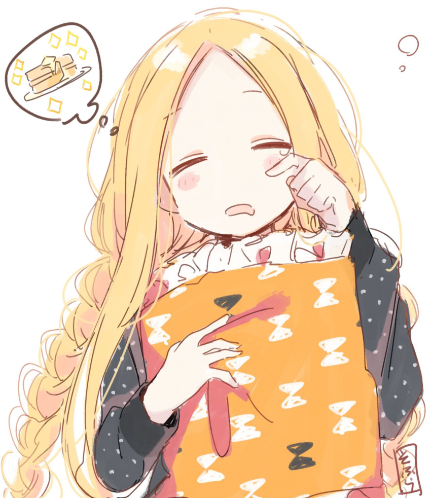 1girl abigail_williams_(fate/grand_order) bangs black_shirt blonde_hair blush_stickers braid eyebrows_visible_through_hair eyes_closed facing_viewer fate/grand_order fate_(series) food forehead frilled_pillow frills hand_up highres long_hair long_sleeves open_mouth pancake parted_bangs parted_lips pillow pillow_hug polka_dot polka_dot_shirt rubbing_eyes shirt sidelocks sleepy sofra solo sparkle stack_of_pancakes upper_body very_long_hair waking_up