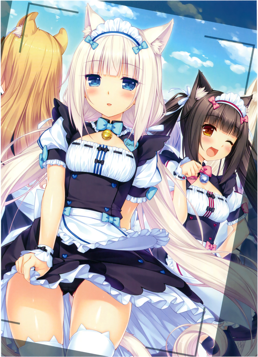 ;d absurdres animal_band_legwear animal_ears apron ass_visible_through_thighs bangs bell black_hair black_legwear black_panties blue_eyes blunt_bangs blush breasts brown_eyes cat_band_legwear cat_ears chocola_(sayori) coconut_(sayori) cropped day dutch_angle extra_ears hair_ribbon highres jingle_bell long_hair low_twintails maid_headdress maple_(sayori) multiple_girls name_tag nekopara one_eye_closed open_mouth outdoors panties paw_pose platinum_blonde_hair pose ribbon sayori skirt skirt_lift slit_pupils small_breasts smile thighhighs twintails underwear vanilla_(sayori) very_long_hair viewfinder waist_apron white_legwear wrist_cuffs