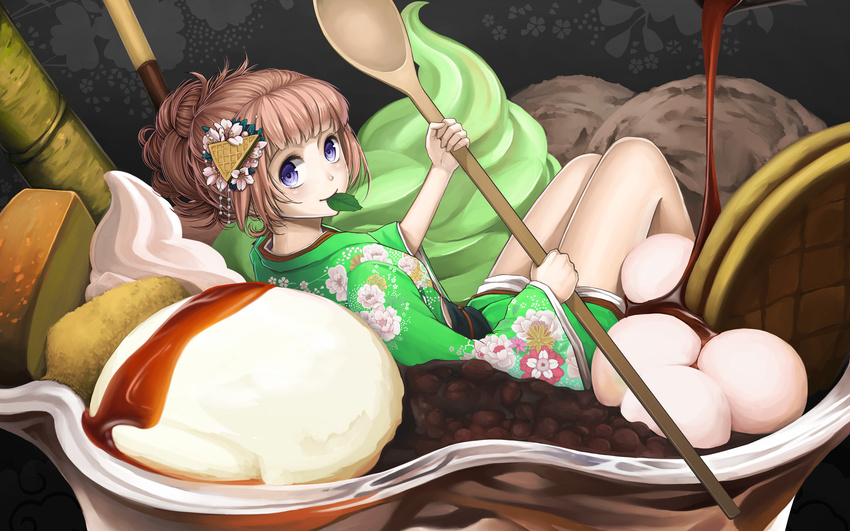 anmitsu_(dessert) bangs beans black_background blunt_bangs blush brown_hair butter closed_mouth dessert floral_print flower food food_themed_hair_ornament from_side hair_flower hair_ornament hair_up head_tilt highres holding holding_spoon ice_cream in_food japanese_clothes jchoy kanzashi kimono kimono_skirt knees_up leaf legs_together long_sleeves looking_at_viewer looking_back minigirl mochi mouth_hold original parfait personification purple_eyes sitting smile soft_serve solo spoon syrup two-handed wafer_hair_ornament wafer_stick wagashi