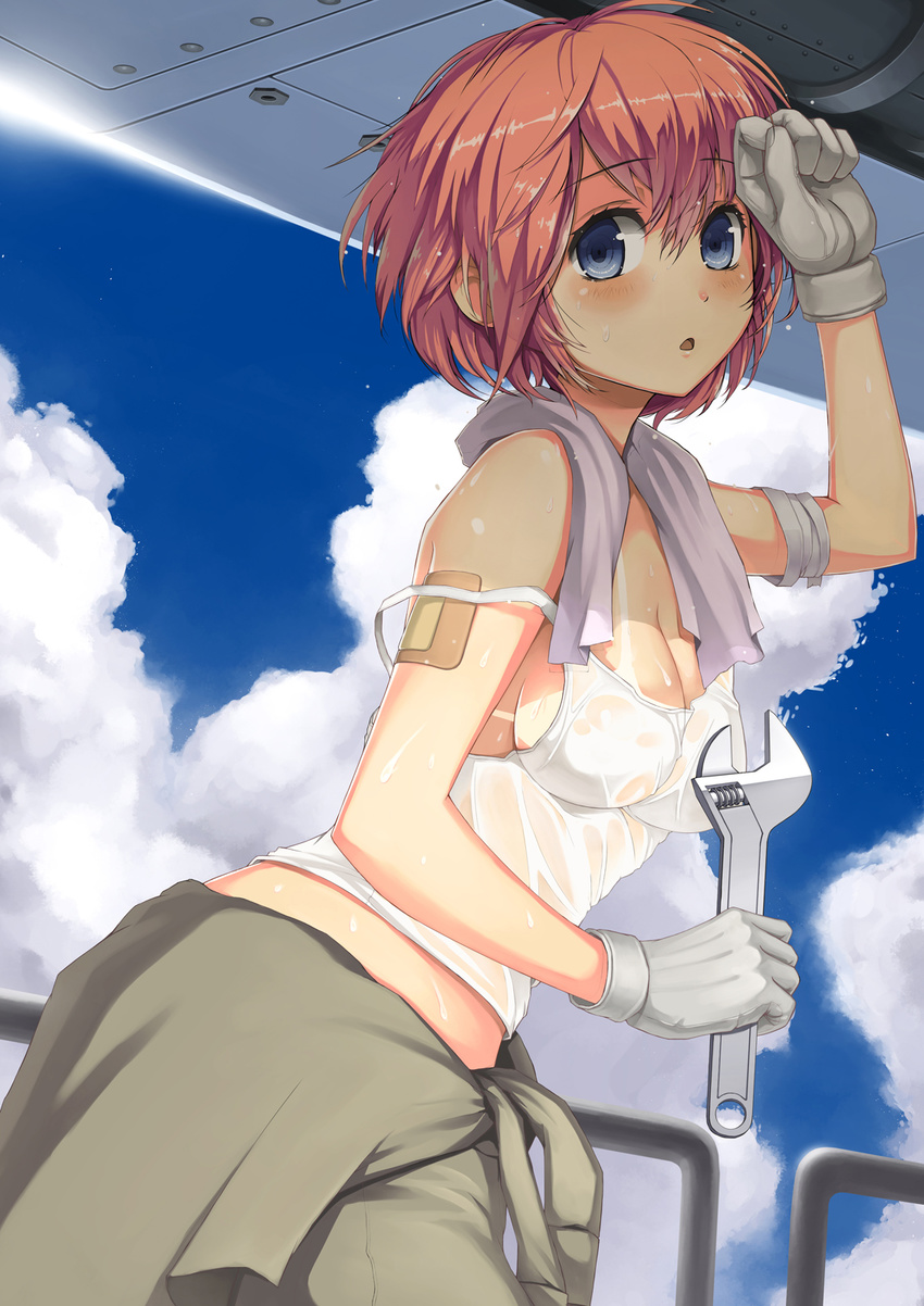 bandaged_arm bandages bandaid_on_arm blue_eyes blush breasts brown_hair camisole cleavage cloud day eyebrows eyebrows_visible_through_hair gloves hair_between_eyes highres holding jchoy mechanic medium_breasts original outdoors railing shade short_hair sky solo strap_slip sweat towel towel_around_neck white_gloves wrench