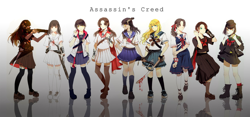 absurdres altair_ibn_la-ahad arno_dorian assassin's_creed assassin's_creed:_rogue assassin's_creed:_syndicate assassin's_creed:_unity assassin's_creed_(series) assassin's_creed_ii assassin's_creed_iii assassin's_creed_iv:_black_flag black_hair blonde_hair blood bloody_weapon brass_knuckles brown_hair commentary_request connor_kenway desmond_miles edward_kenway evie_frye ezio_auditore_da_firenze feathers genderswap genderswap_(mtf) gun hair_feathers hidden_blade highres jacob_frye long_hair multiple_girls reflective_floor school_uniform serafuku shay_patrick_cormac short_hair sword thighhighs weapon zarea zettai_ryouiki