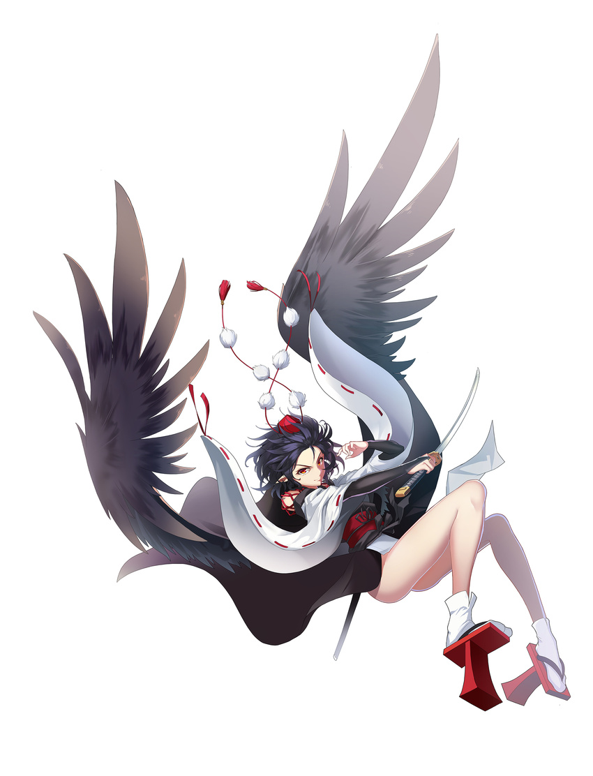 &gt;:) absurdres alternate_costume bangs black_hair black_ribbon black_wings bridal_gauntlets collared_shirt detached_sleeves falling feathered_wings full_body geta hat highres holding holding_sword holding_weapon japanese_clothes kourindou_tengu_costume long_sleeves looking_at_viewer obi outstretched_arm pom_pom_(clothes) red_eyes red_hat red_ribbon ribbon ribbon-trimmed_sleeves ribbon_trim sash shade shameimaru_aya shinebell shirt shoe_soles short_hair simple_background smile socks solo sword tabi tengu-geta tokin_hat touhou unsheathed v-shaped_eyebrows weapon white_background white_legwear white_shirt wide_sleeves wings