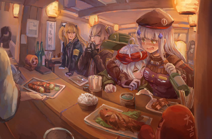 404_(girls_frontline) 6+girls absurdres ahoge alcohol armband bangs beret black_bow black_hat black_jacket black_ribbon blunt_bangs blush bottle bow breasts brown_eyes brown_hair character_request coat commentary_request crossed_bangs cup drinking drunk eyebrows_visible_through_hair facial_mark fingerless_gloves g11_(girls_frontline) girls_frontline gloves green_eyes green_hat green_jacket hair_between_eyes hair_ornament hairclip hat highres hk416_(girls_frontline) holding holding_bottle holding_cup hood hood_down hooded_jacket jacket long_hair looking_at_another m4a1_(girls_frontline) medium_breasts messy_hair multiple_girls one_eye_closed one_side_up open_clothes open_coat open_jacket open_mouth ouroboros_(girls_frontline) pugo ribbon scar scar_across_eye scarf_on_head shirt silver_hair sitting smile teardrop ump45_(girls_frontline) ump9_(girls_frontline) white_hair white_shirt