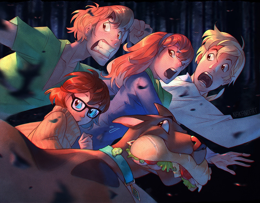 3boys brown_hair daphne_ann_blake dog everyone food freckles fred_jones frederick_herman_jones hanna-barbera multiple_boys multiple_girls nana_nakano running sandwich scared scarf scooby-doo scooby-doo_(character) shaggy_rogers velma_dace_dinkley