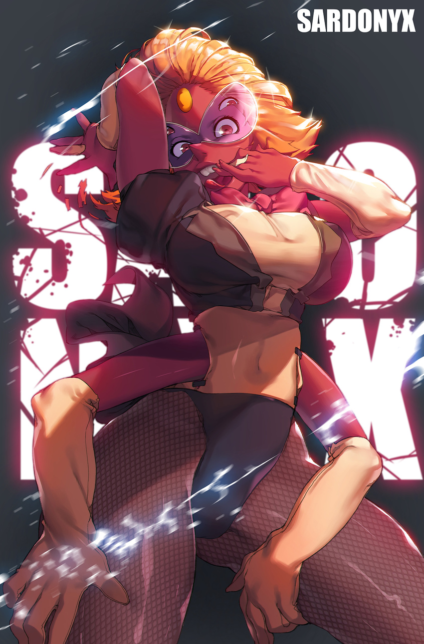 big_hair bow bowtie breasts dark_skin detached_sleeves elbow_gloves eureka_brider extra_eyes fishnet_pantyhose fishnets forehead_jewel fusion gem gloves highres large_breasts multiple_arms pantyhose puffy_sleeves sardonyx_(steven_universe) smile solo steven_universe sunglasses tongue tongue_out