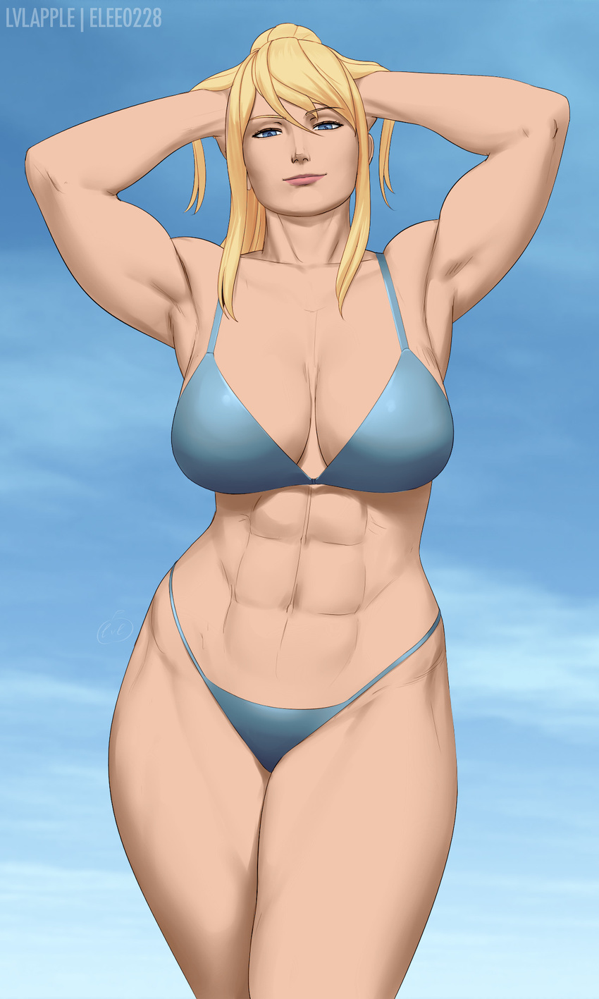 abs bikini blonde_hair blue_bikini blue_eyes blue_sky breasts cleavage collaboration colorized cowboy_shot day elee0228 half-closed_eyes hands_in_hair highres large_breasts lips long_hair lvl_(sentrythe2310) metroid muscle muscular_female samus_aran sky solo standing swimsuit