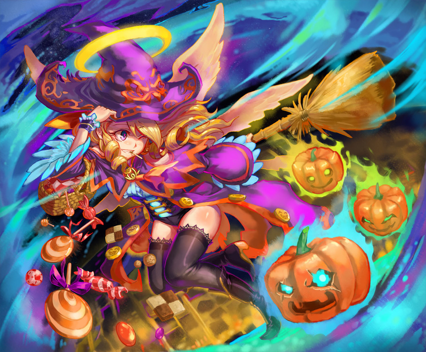 ankle_boots basket black_footwear black_legwear blonde_hair body_blush boots cape character_request checkerboard_cookie cookie corset food full_body glowing glowing_eyes grin halo hand_on_headwear hat hei_niao highres jack-o'-lantern long_hair looking_away looking_to_the_side monster_strike one_eye_closed outstretched_arm purple_eyes smile solo thighhighs white_wings wings witch witch_hat wrist_cuffs