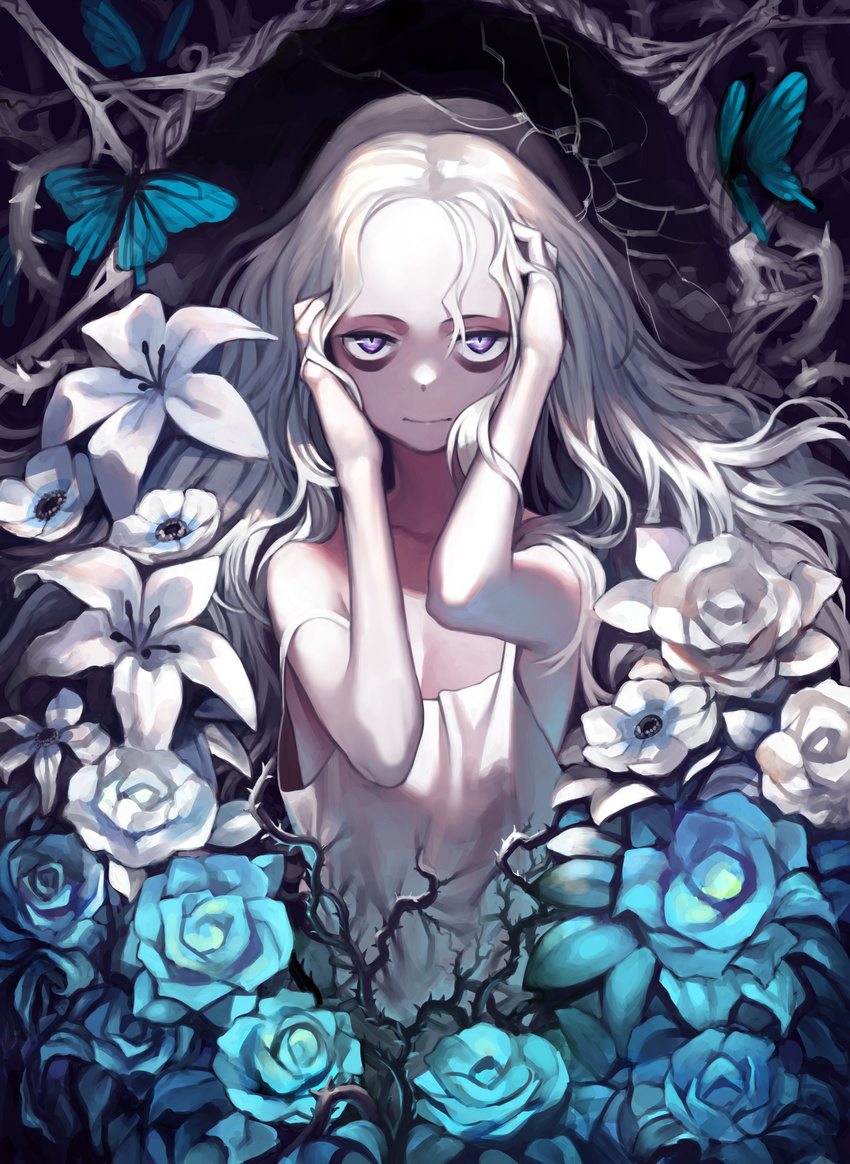 absurdres anemone_(flower) azuki_(azuki-taste) bags_under_eyes bare_arms blue_flower blue_rose bug butterfly camisole dark flower hands_on_own_head high_contrast highres insect lily_(flower) long_hair looking_at_viewer original pale_skin purple_eyes rose solo strap_slip thorns upper_body wavy_hair white_flower white_hair white_rose