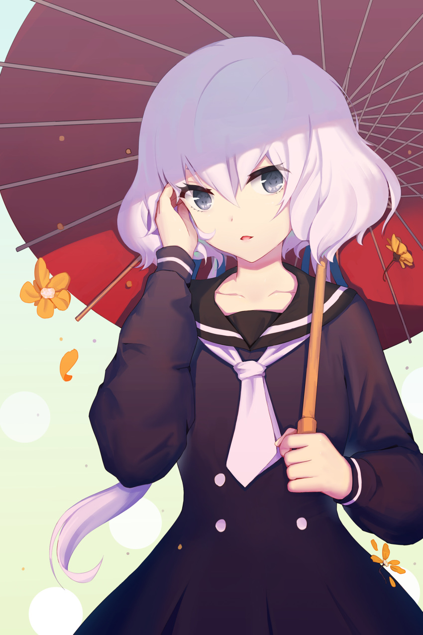 1girl absurdres bangs black_dress black_sailor_collar collarbone commentary_request double-breasted dress estcc flower grey_eyes hair_between_eyes hair_tucking hand_in_hair hand_up head_tilt highres holding holding_umbrella konno_junko lavender_hair long_sleeves looking_at_viewer low_twintails neckerchief orange_flower oriental_umbrella parted_lips petals pleated_dress sailor_collar sailor_dress school_uniform short_hair_with_long_locks single_horizontal_stripe smile solo twintails umbrella upper_body white_neckwear zombie_land_saga