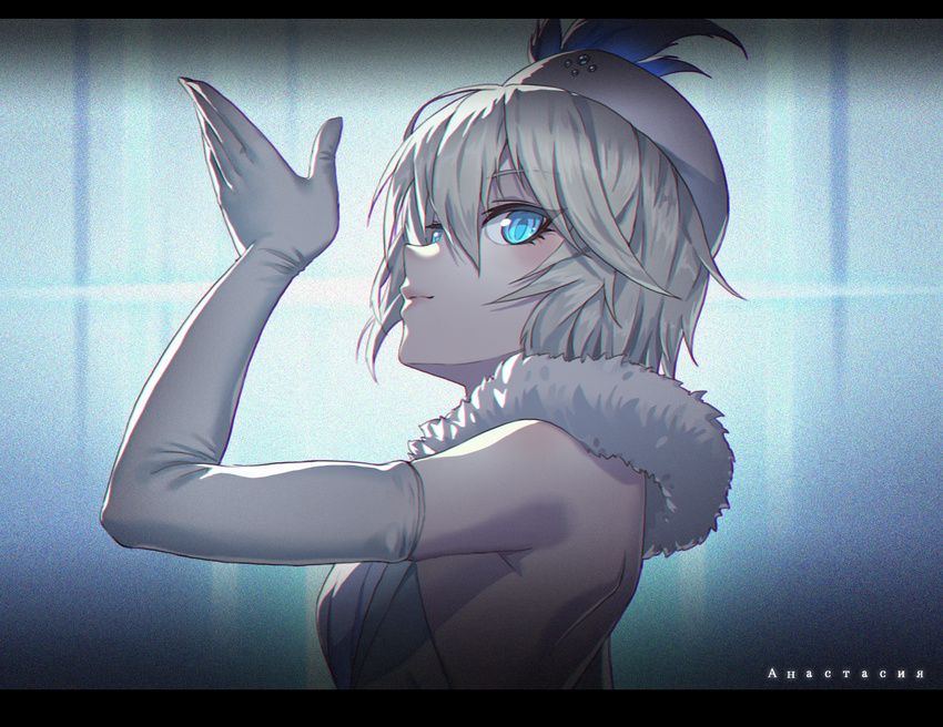 anastasia_(idolmaster) bare_shoulders blue_eyes dress elbow_gloves gloves highres idolmaster idolmaster_cinderella_girls madyy pure_white_memories short_hair silver_hair solo