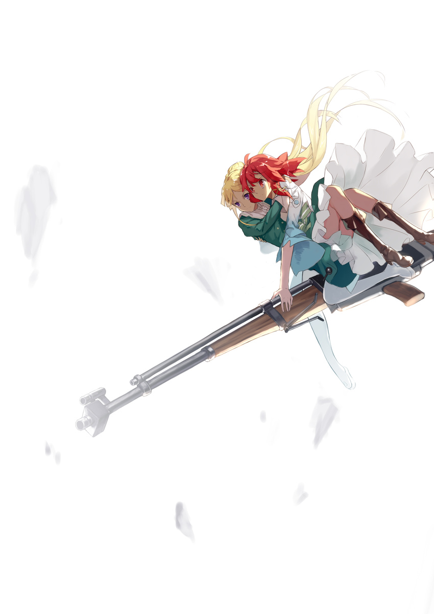 absurdres anti-materiel_rifle blonde_hair boots brown_footwear gun highres izetta kamisa knee_boots long_hair multiple_girls ortfine_fredericka_von_eylstadt purple_eyes red_eyes red_hair rifle short_hair shuumatsu_no_izetta sniper_rifle thigh_boots thighhighs weapon white_footwear