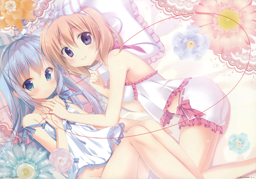 absurdres ass babydoll bangs bare_shoulders bed_sheet blue_eyes blue_hair blush bottomless breasts brown_hair chemise closed_mouth collaboration eyebrows_visible_through_hair fingernails flower frilled_pillow frills gochuumon_wa_usagi_desu_ka? groin hairband highres holding_hands hoto_cocoa huge_filesize kafuu_chino korie_riko lingerie long_hair looking_at_viewer lying medium_breasts mitsumomo_mamu multiple_girls no_panties on_bed on_side pillow purple_eyes red_ribbon red_string ribbon ribbon-trimmed_underwear ribbon_trim scan short_hair small_breasts smile strap_slip string striped striped_hairband underwear underwear_only white_babydoll