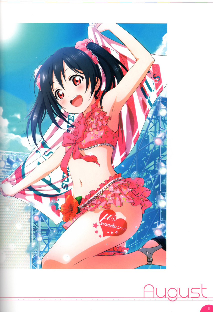 absurdres armpits artist_request august bikini bikini_skirt black_hair blush floral_print flower frilled_bikini frills highres looking_at_viewer love_live! love_live!_school_idol_festival love_live!_school_idol_project midriff non-web_source official_art open_mouth red_eyes sandals scan smile solo stage swimsuit towel twintails yazawa_nico