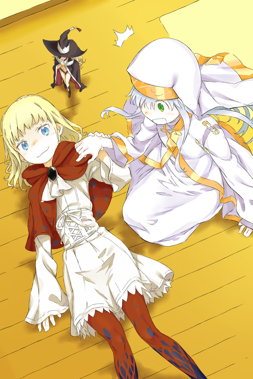 blonde_hair blue_eyes cape colorized dress green_eyes habit haimura_kiyotaka hat highres index leivinia_birdway multiple_girls nun othinus pantyhose polaris55740 robe safety_pin short_hair silver_hair smile to_aru_majutsu_no_index to_aru_majutsu_no_index:_new_testament witch_hat