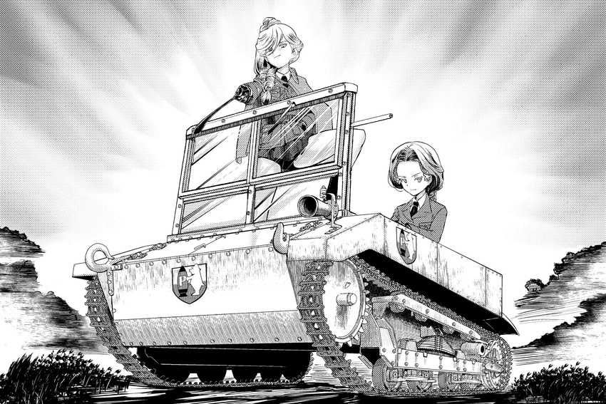 black_footwear black_gloves bonple_(emblem) bonple_military_uniform boots braid c2p capelet caterpillar_tracks commentary_request dress_shirt emblem fourragere girls_und_panzer girls_und_panzer_ribbon_no_musha gloves greyscale hair_bun hair_ornament hair_over_shoulder highres jacket jajka_(girls_und_panzer) leg_up long_hair long_sleeves military military_uniform military_vehicle miniskirt monochrome multiple_girls necktie pleated_skirt riding_crop shirt single_braid skirt tractor uniform uszka_(girls_und_panzer) wojtek yoyokkun