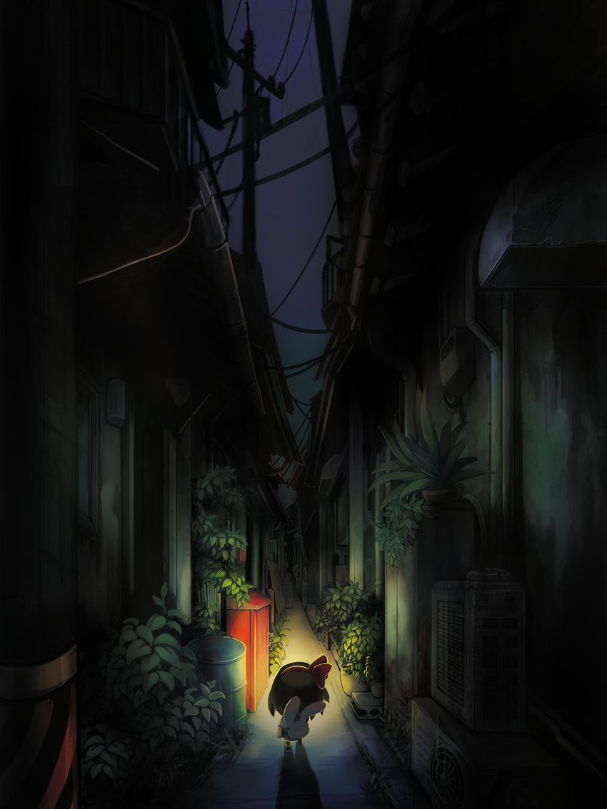 alley bow brown_hair facing_away hair_bow highres night night_sky official_art outdoors plant power_lines protagonist_(yomawari) shadow sky vanishing_point yomawari yomawari:_night_alone