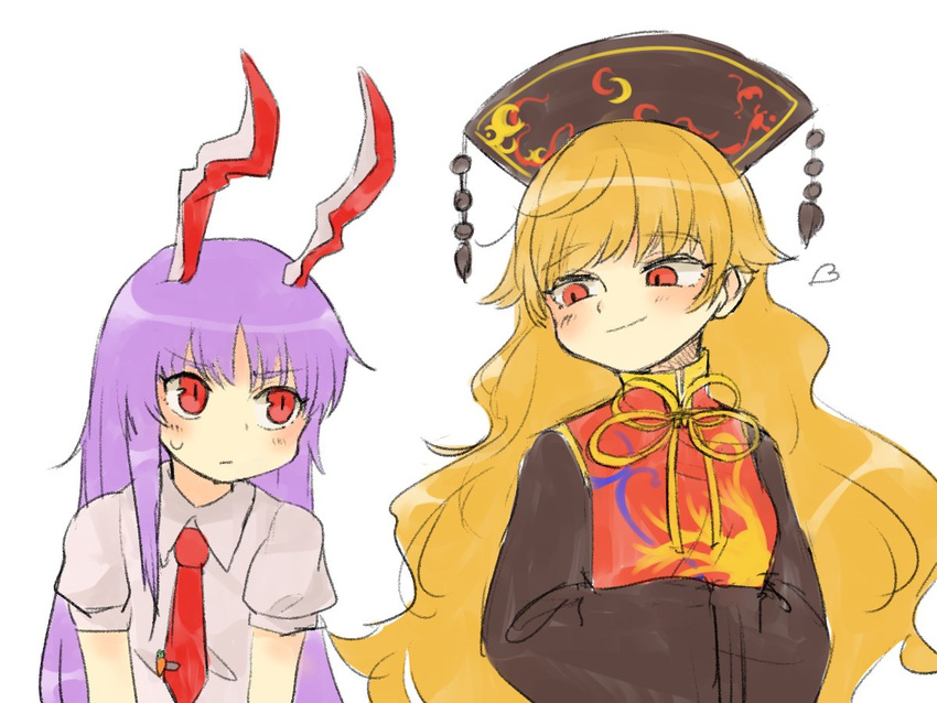2girls animal_ears bangs black_dress blonde_hair blouse blush bunny_ears chinese_clothes dress hands_in_sleeves heart height_difference junko_(touhou) long_hair long_sleeves multiple_girls necktie pom_pom_(clothes) purple_hair red_eyes red_necktie reisen_udongein_inaba ribbon sasa_kichi short_sleeves simple_background smug sweatdrop tabard touhou upper_body very_long_hair white_background white_blouse wide_sleeves yellow_ribbon