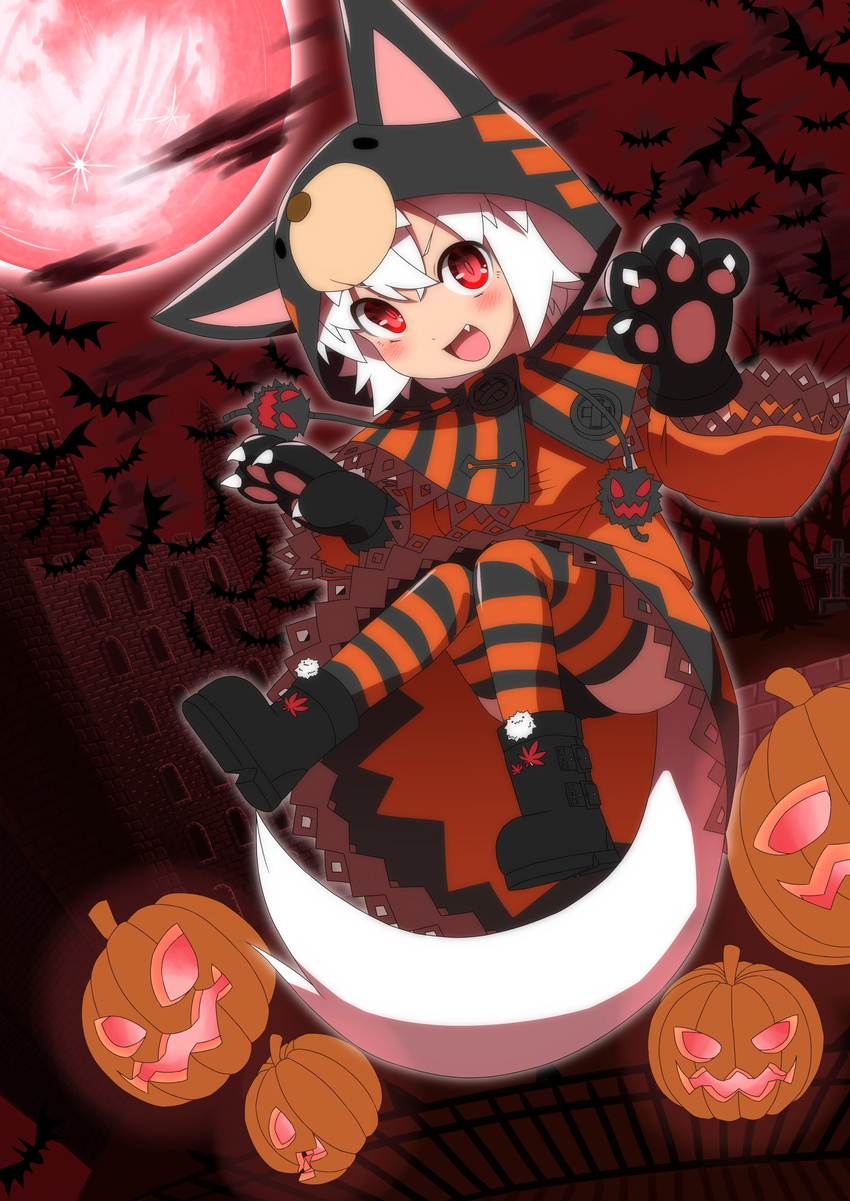 absurdres animal_costume animal_print bat boots castellation cloud cloudy_sky cross dress fence floating full_moon gloves highres hood inubashiri_momiji kedama komugicha_(mugimugi-shiki) leaf leather leather_boots mansion maple_leaf moon night paw_gloves paws pumpkin railing red_eyes red_moon red_sky silver_hair sky solo stone_building strap thighhighs tiger_costume tiger_print tombstone touhou tower tree white_hair window
