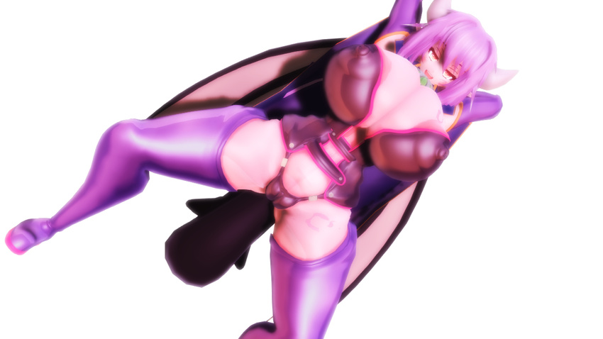 1girl 3d alma_elma areola_slip areolae breasts demon_wings erect_nipples female gigantic_breasts horns large_areolae mon-musu_quest! monster_girl nipples puffy_nipples purple_hair red_eyes shiny shiny_clothes shiny_skin smile solo standing succubus v wings