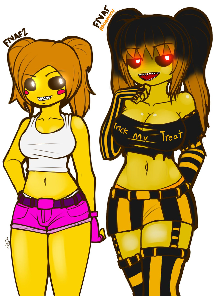animatronic anthro belt big_breasts breasts cleavage clothed clothing datfurrydude duo female five_nights_at_freddy's five_nights_at_freddy's_2 five_nights_at_freddy's_4 garter_straps halloween hi_res holidays machine midriff navel nightmare_chica_(fnaf) open_mouth red_pupils robot sharp_teeth shirt shorts simple_background size_difference skimpy tank_top teeth torn_clothing toy_chica_(fnaf) video_games white_pupils yellow_skin
