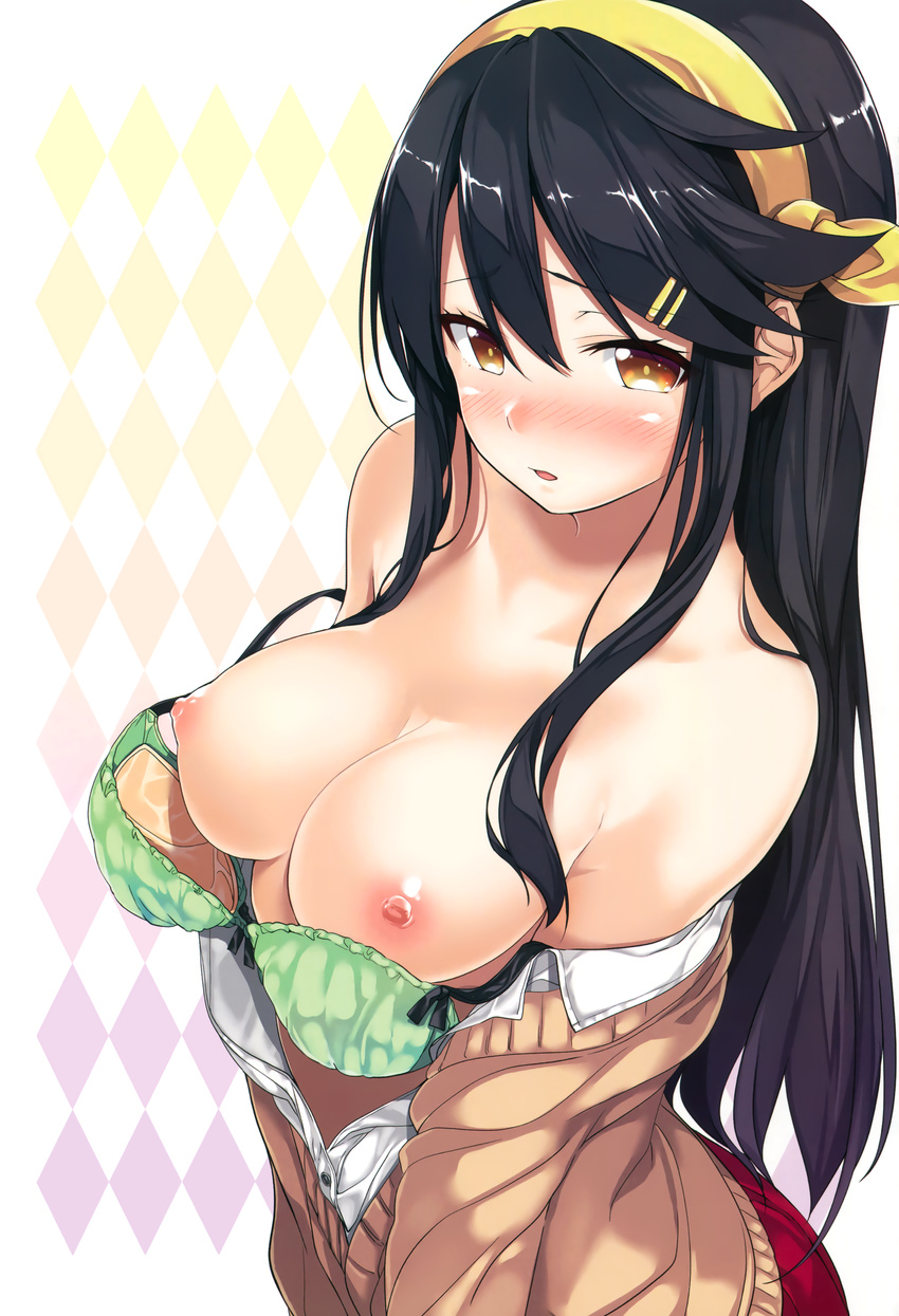 absurdres bad_source bare_shoulders black_hair blush bra bra_pull breasts brown_eyes cardigan contemporary detexted gintarou_(kurousagi108) green_bra hair_between_eyes hair_ornament hair_over_breasts hairband hairclip haruna_(kantai_collection) highres kantai_collection long_hair medium_breasts nipples nose_blush off_shoulder open_clothes open_shirt parted_lips perky_breasts pleated_skirt scan school_uniform shirt sidelocks skirt solo third-party_edit underwear