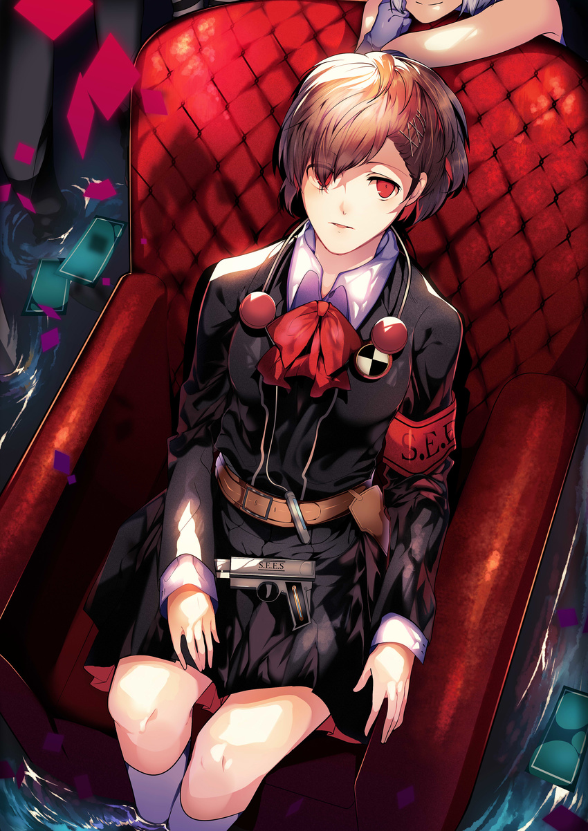 absurdres armchair bad_id bad_pixiv_id chair elizabeth_(persona) evoker female_protagonist_(persona_3) head_out_of_frame highres leo_(feeling_goooood) looking_at_viewer multiple_girls partially_submerged persona persona_3 persona_3_portable red_hair school_uniform sitting smile solo_focus tarot water