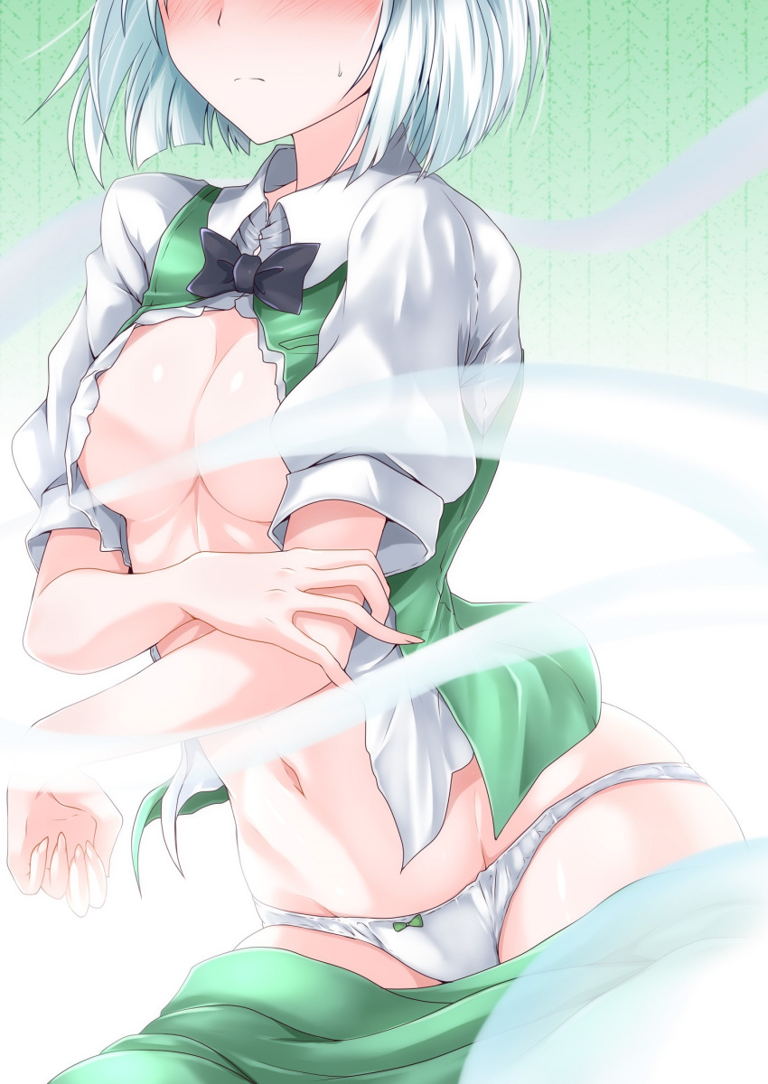 1girl black_bow blush bow bow_panties breasts closed_mouth collared_shirt convenient_censoring crossed_arms dress_shirt facing_viewer g_(desukingu) green_skirt green_vest head_out_of_frame highres konpaku_youmu konpaku_youmu_(ghost) medium_breasts navel nose_blush open_clothes open_shirt open_vest panties puffy_short_sleeves puffy_sleeves shirt short_hair short_sleeves skirt skirt_pull solo stomach sweat sweatdrop touhou underwear vest white_hair white_panties white_shirt