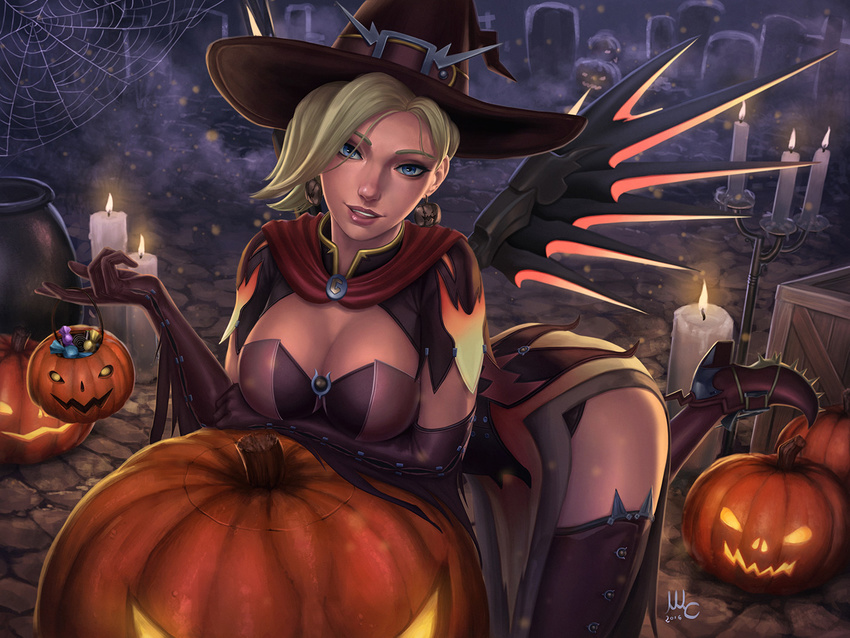 2016 alternate_costume arm_support artist_name basket bent_over blonde_hair blue_eyes box breasts brooch brown_dress brown_footwear brown_gloves brown_hat brown_legwear candle candlestand candy cape capelet cleavage cross dated dress earrings elbow_gloves eyeliner food gloves graveyard halloween halloween_costume hand_up hat hat_belt high_heels holding holding_basket jack-o'-lantern jack-o'-lantern_earrings jewelry large_breasts leaning_forward leg_up lips lipstick loincloth lollipop looking_at_viewer makeup md5_mismatch mechanical_wings mercy_(overwatch) night nose open_mouth orange_wings overwatch pelvic_curtain pink_lips pink_lipstick realistic red_cape sciamano240 shoes short_hair short_sleeves signature silk smile solo spider_web spiked_shoes spikes spread_wings swirl_lollipop teeth thighhighs tombstone tongue tongue_out wings witch witch_hat witch_mercy