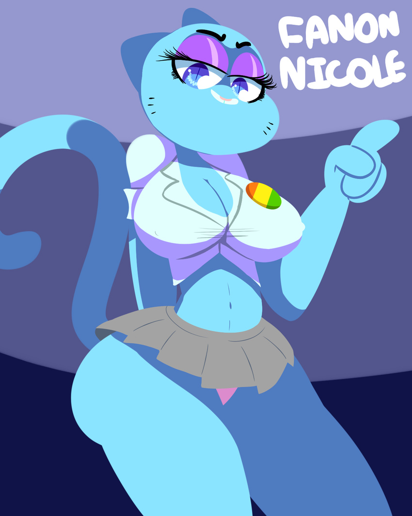 anthro belly blue_eyes blue_fur breasts butt cartoon_network cat cleavage clothed clothing feline female flutteringpie fur looking_at_viewer mammal mature_female midriff mother navel nicole_watterson panties parent pink_panties skirt solo the_amazing_world_of_gumball underwear wide_hips