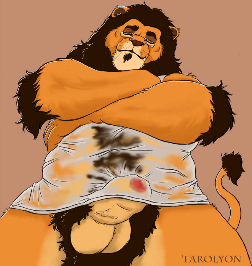 animal_genitalia anthro balls body_hair clothing erection eyewear feline fluffy glasses happy_trail lion male mammal mane muscular penis sheath shirt simple_background tarolyon vein wet wet_shirt wet_shirt_meme