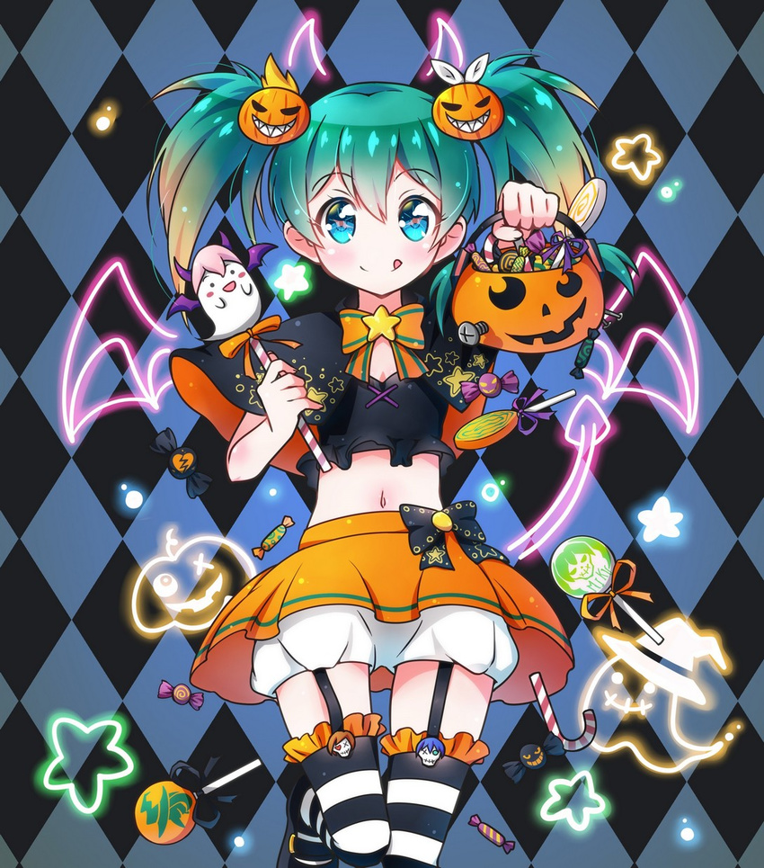 :q aqua_eyes argyle argyle_background black_bow blush bow candy candy_cane checkered checkered_background commentary_request cowboy_shot fake_tail food fuusen_neko garter_straps ghost ghost_print green_hair hair_ornament halloween halloween_basket halloween_costume hatsune_miku highres horns jack-o'-lantern jack-o'-lantern_hair_ornament jack-o'-lantern_print kagamine_len kagamine_rin kaito licking_lips lollipop looking_at_viewer megurine_luka meiko midriff navel orange_bow orange_neckwear orange_skirt skirt smile solo star star_print striped striped_legwear swirl_lollipop tail thigh_gap thighhighs tongue tongue_out twintails vocaloid wing_print