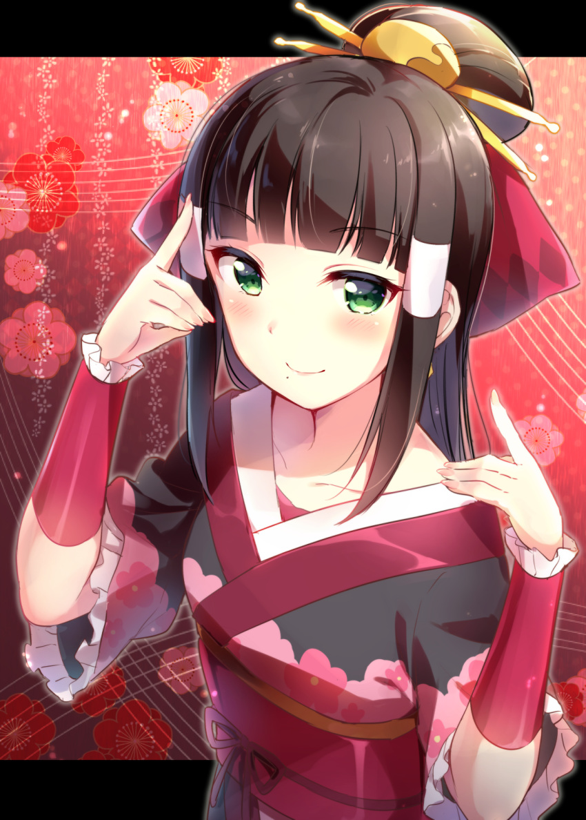 1girl arm_warmers bangs black_hair blunt_bangs blush collarbone floral_background floral_print frilled_sleeves frills gesture green_eyes hair_bun hair_ornament hair_stick hair_tubes hands_up hazuki_(sutasuta) headpiece highres japanese_clothes kimono kurosawa_dia letterboxed long_hair looking_at_viewer love_live! love_live!_sunshine!! mole mole_under_mouth my_mai_tonight obi sash sidelocks smile solo upper_body