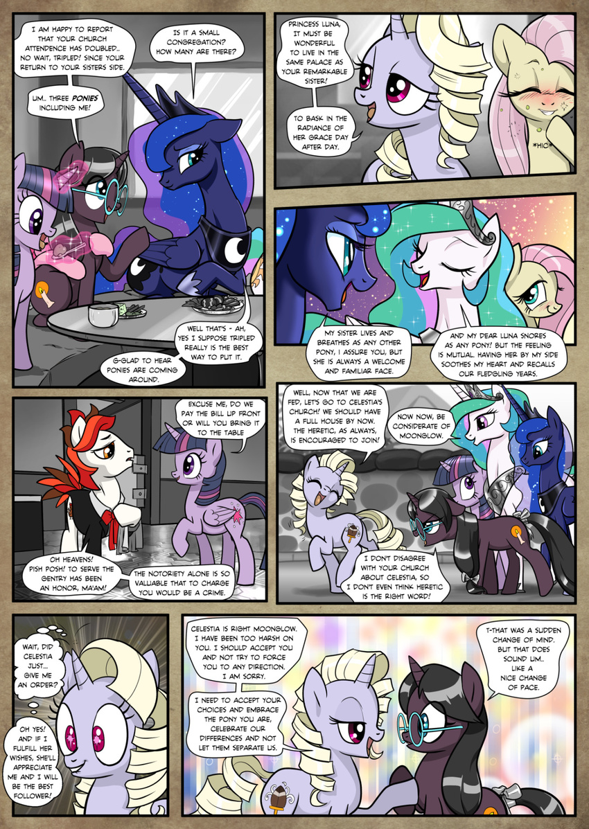 2016 blue_hair clothed clothing comic cutie_mark dialogue drunk earth_pony english_text equine fan_character feathered_wings feathers female feral fluttershy_(mlp) friendship_is_magic fur green_eyes hair hi_res horn horse inside mammal monochrome multicolored_hair my_little_pony pegasus pencils_(artist) pink_fur pony princess_celestia_(mlp) princess_luna_(mlp) purple_eyes purple_fur purple_hair smile text twilight_sparkle_(mlp) unicorn winged_unicorn wings