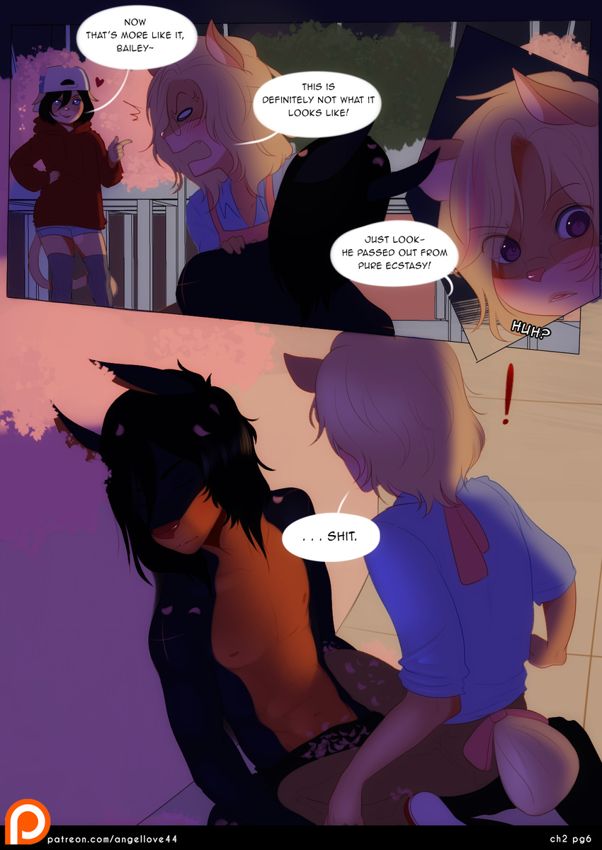 2016 aaden_(angellove44) angellove44 angry anthro bailey_(angellove44) big_ears black_hair blonde_hair blue_eyes blush butt cat clothed clothing comic digital_media_(artwork) duo eyewear feline flower fur girly glasses hair hat hoodie kale_(angellove44) long_hair male male/male mammal night open_mouth pink_eyes pink_nose plant scar smile text topless unconscious