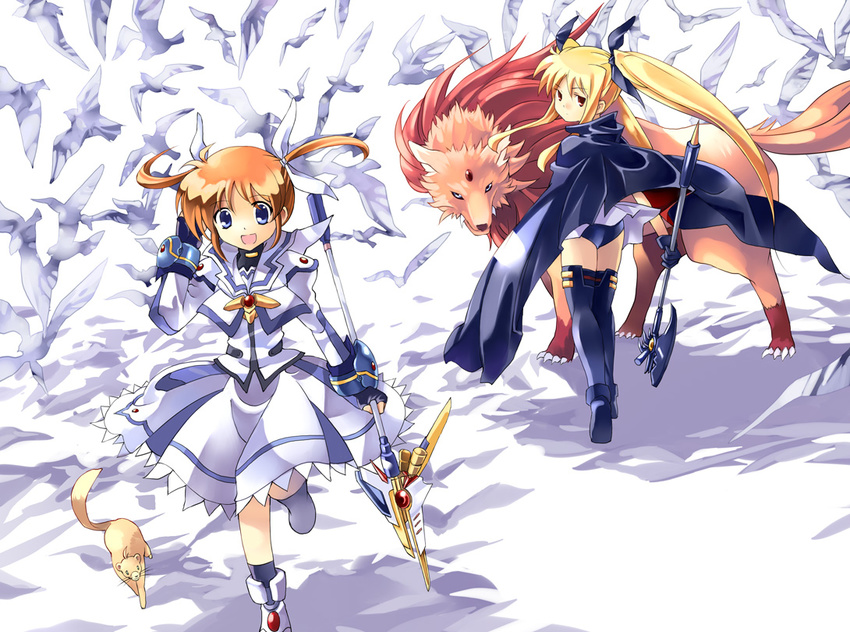 arf bardiche bird blonde_hair boots brown_hair cape dog dress fate_testarossa ferret kouno_hikaru lyrical_nanoha mahou_shoujo_lyrical_nanoha mahou_shoujo_lyrical_nanoha_the_movie_1st multiple_girls purple_eyes raising_heart red_eyes skirt staff takamachi_nanoha thigh_boots thighhighs twintails yuuno_scrya