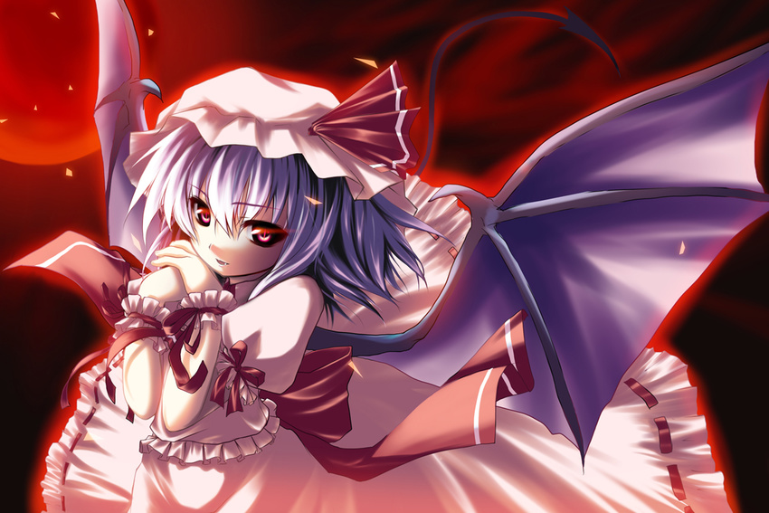 bat_wings blue_hair fang glowing glowing_eyes hat red_eyes remilia_scarlet solo touhou usume_shirou wings