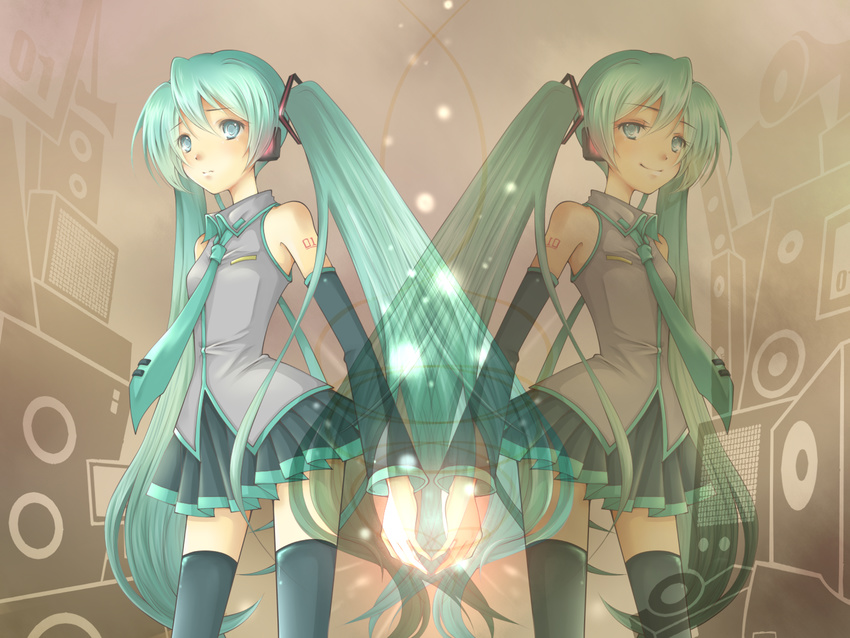 aqua_eyes aqua_hair bad_id bad_pixiv_id detached_sleeves dual_persona hatsune_miku long_hair mirto necktie skirt speaker thighhighs twintails very_long_hair vocaloid