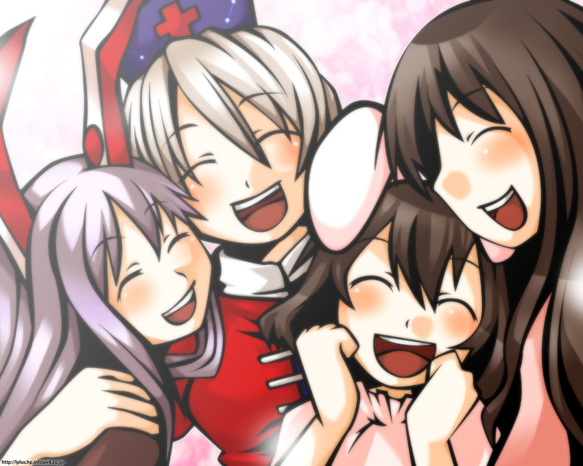 ^_^ animal_ears artist_request brown_hair bunny_ears closed_eyes collar hand_on_another's_shoulder happy hat houraisan_kaguya inaba_tewi lavender_hair long_hair multiple_girls nurse_cap open_mouth reisen_udongein_inaba smile source_request teeth touhou wallpaper yagokoro_eirin