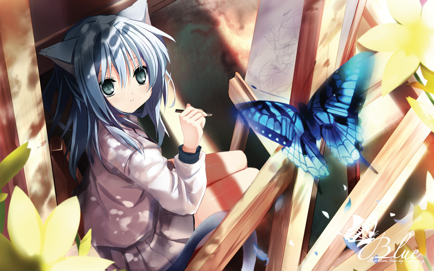 animal_ears aqua_eyes artist_name blue_hair blurry blush bug butterfly canvas_(object) cat_ears cat_tail depth_of_field drawing easel english flower hair_between_eyes highres holding holding_pencil insect long_hair long_sleeves looking_at_viewer original pencil petals pleated_skirt school_uniform shino_(eefy) sitting skirt solo tail wallpaper wooden_pencil