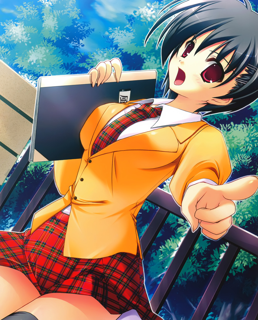 absurdres copyright_request highres misakura_nankotsu necktie open_mouth plaid plaid_neckwear plaid_skirt pointing pointing_at_viewer red_eyes skirt solo thighhighs