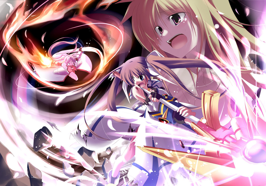 arm_guards armor battle blonde_hair blood blue_eyes brown_hair coat debris energy fate_testarossa fingerless_gloves fire floating gloves hair_ribbon kazekawa_nagi levantine long_hair long_sleeves lyrical_nanoha magical_girl mahou_shoujo_lyrical_nanoha_strikers multiple_girls outstretched_arms overcoat pink_hair ponytail puffy_sleeves raising_heart red_eyes ribbon shouting signum spread_arms staff stone takamachi_nanoha tears torn_clothes twintails very_long_hair