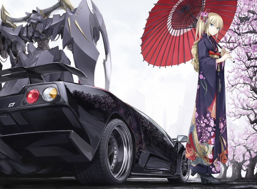 1girl car five_star_stories furisode japanese_clothes kimono lamborghini lamborghini_diablo mecha motor_vehicle oil-paper_umbrella original robot solo sports_car tomo_(machinemess) umbrella vehicle_focus